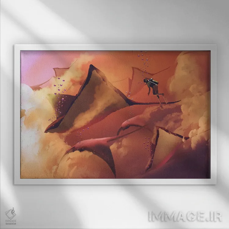 تابلو دکوراتیو مانتا ری های پرنده اثر گرندفیلر - نمای قابدار سفید