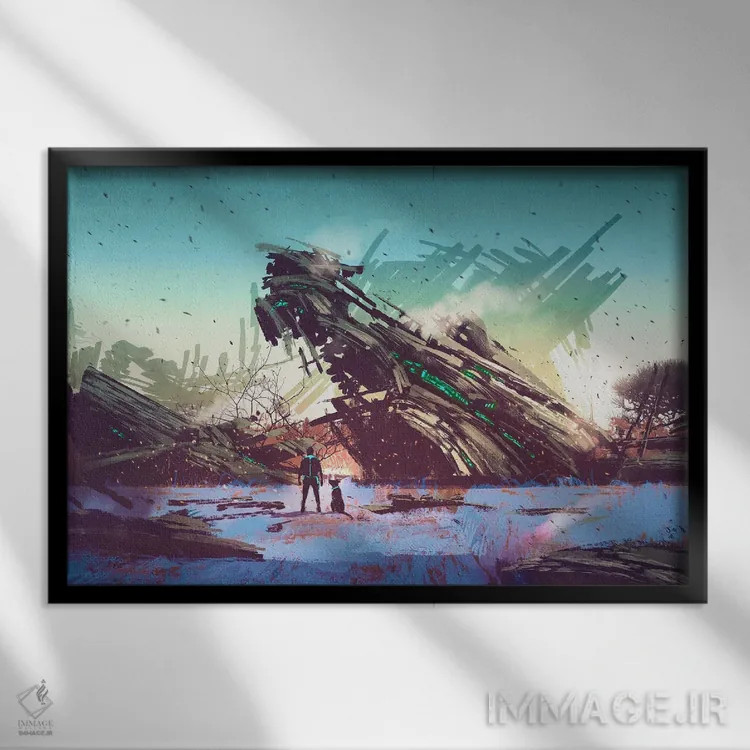 تابلو دکوراتیو سفینه سقوط کرده روی مزرعه آبی اثر گرندفیلر - نمای قابدار مشکی