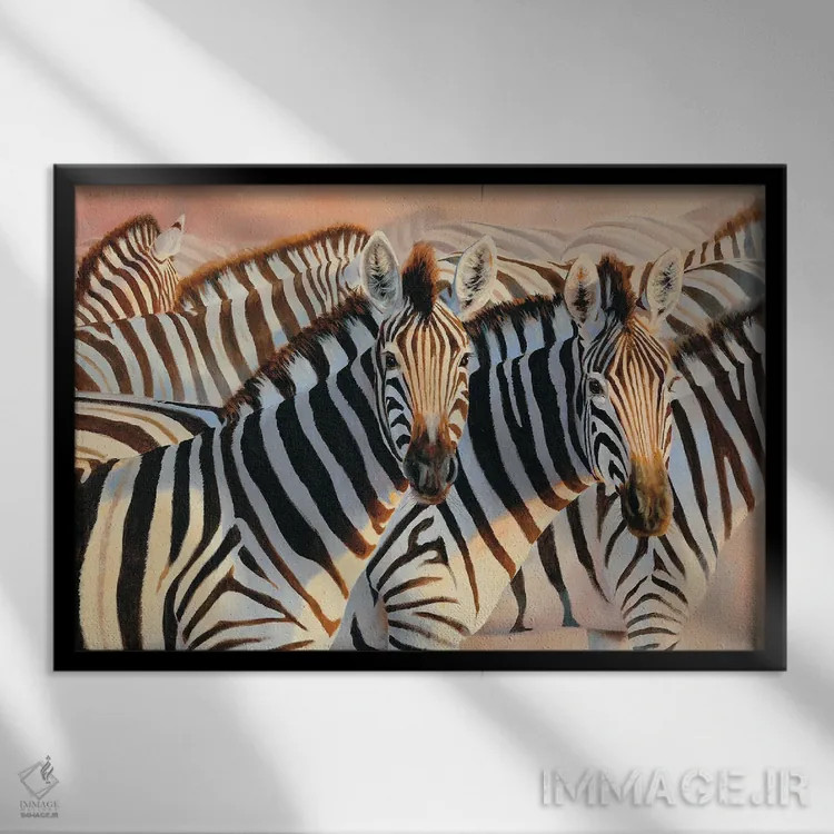 تابلو دکوراتیو گورخرهای گرد و غبار درخشان اثر گرانت هکینگ - نمای قابدار مشکی