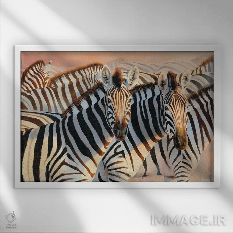 تابلو دکوراتیو گورخرهای گرد و غبار درخشان اثر گرانت هکینگ - نمای قابدار سفید