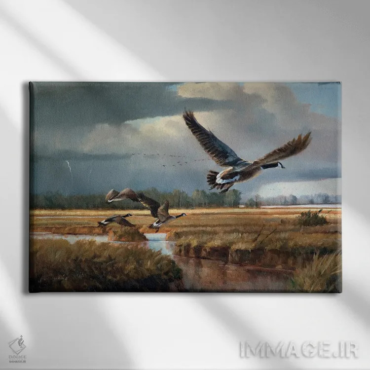 تابلو دکوراتیو تغییر آب و هوا - غازهای کانادایی اثر گرانت هکینگ - نمای روبهرو روی دیوار