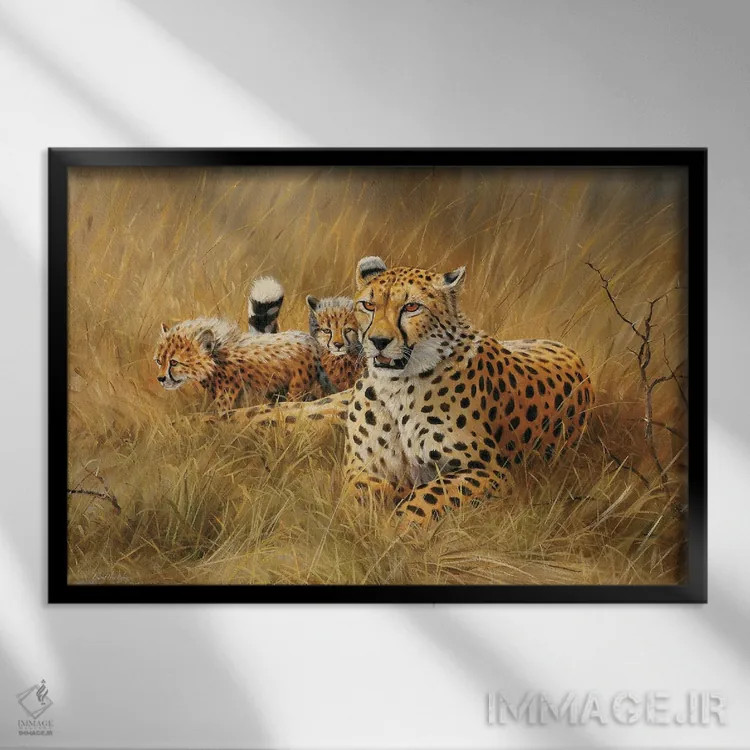 تابلو دکوراتیو خانواده یوزپلنگ اثر گرانت هکینگ - نمای قابدار مشکی