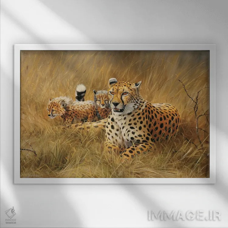 تابلو دکوراتیو خانواده یوزپلنگ اثر گرانت هکینگ - نمای قابدار سفید