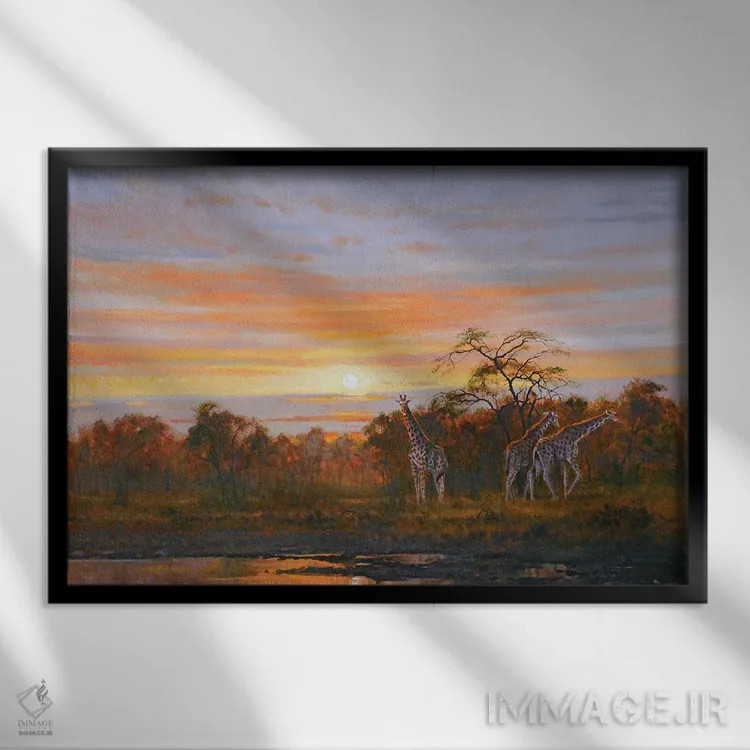 تابلو دکوراتیو زرافه ها اثر گرانت هکینگ - نمای قابدار مشکی