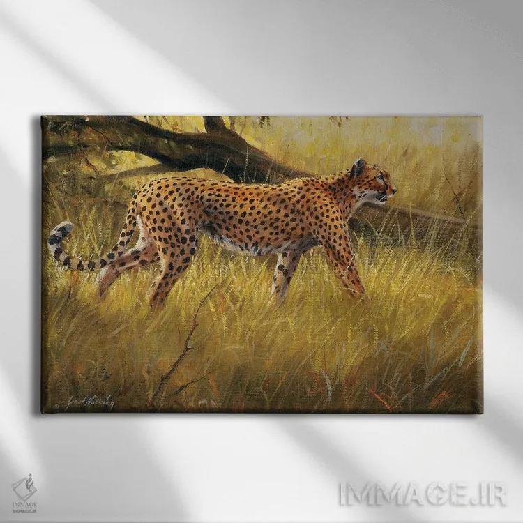 تابلو دکوراتیو یوزپلنگ کمین کرده بر درخت افتاده اثر گرانت هکینگ - نمای روبهرو روی دیوار