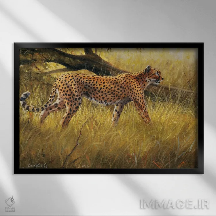 تابلو دکوراتیو یوزپلنگ کمین کرده بر درخت افتاده اثر گرانت هکینگ - نمای قابدار مشکی