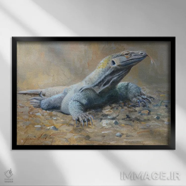 تابلو دکوراتیو اژدهای کومودو اثر گرانت هکینگ - نمای قابدار مشکی