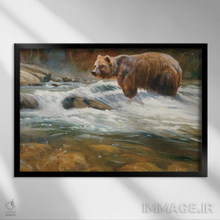 تابلو دکوراتیو خرس گریزلی در جویبار کوهستانی اثر گرانت هکینگ - نمای قابدار مشکی
