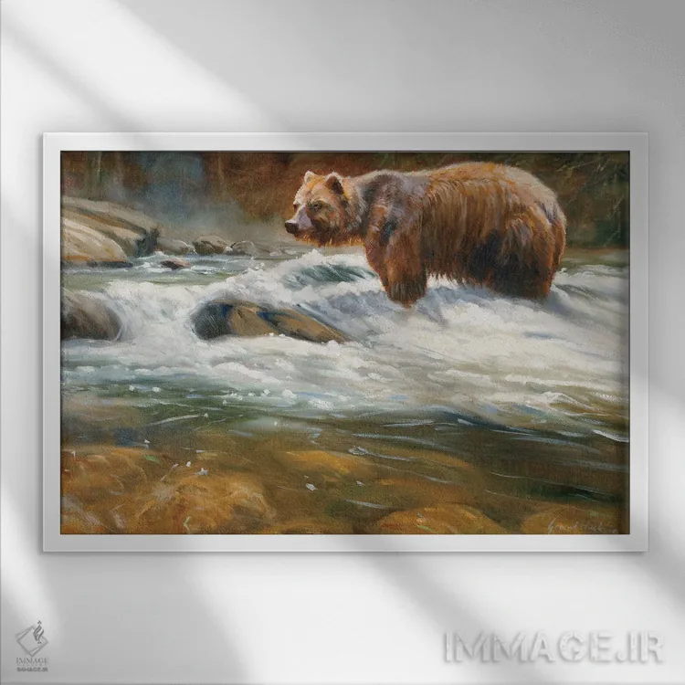 تابلو دکوراتیو خرس گریزلی در جویبار کوهستانی اثر گرانت هکینگ - نمای قابدار سفید