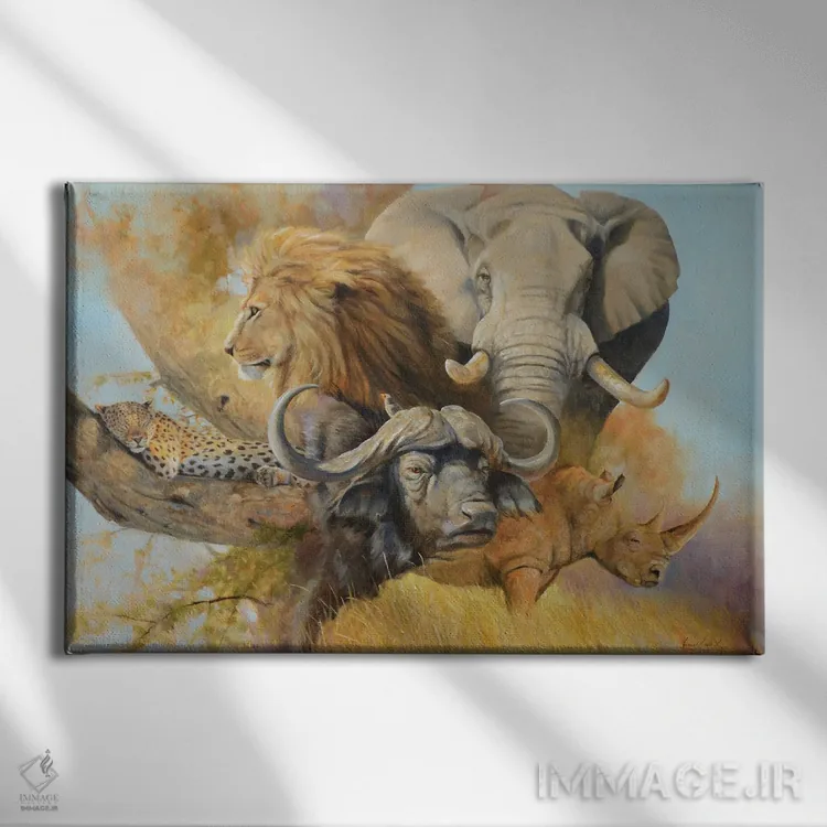 تابلو دکوراتیو پنج حیوان بزرگ آفریقا اثر گرانت هکینگ - نمای روبهرو روی دیوار