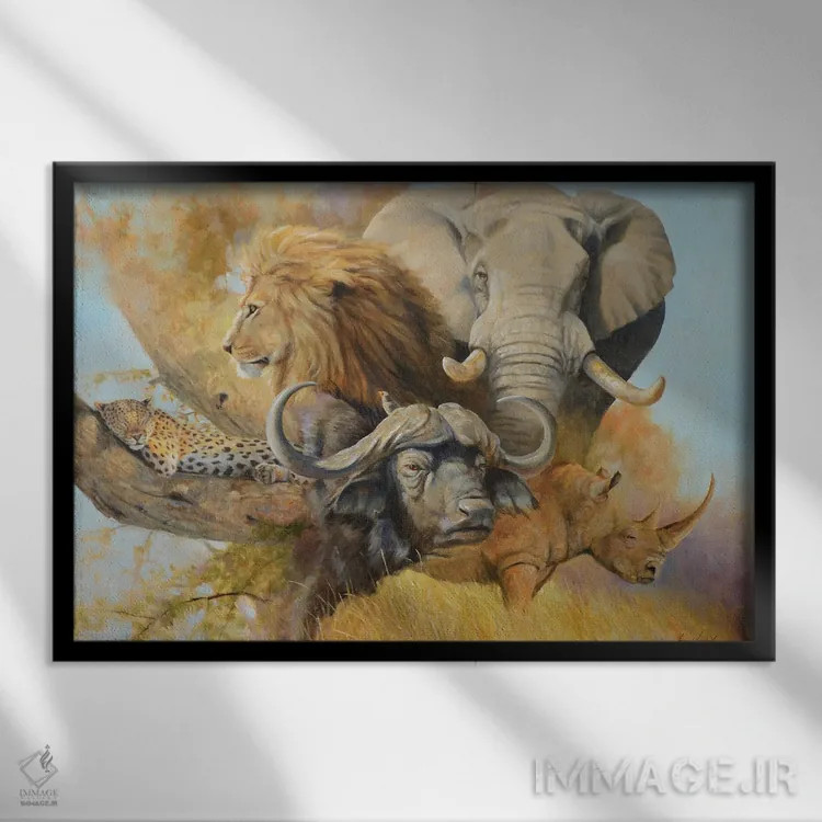 تابلو دکوراتیو پنج حیوان بزرگ آفریقا اثر گرانت هکینگ - نمای قابدار مشکی