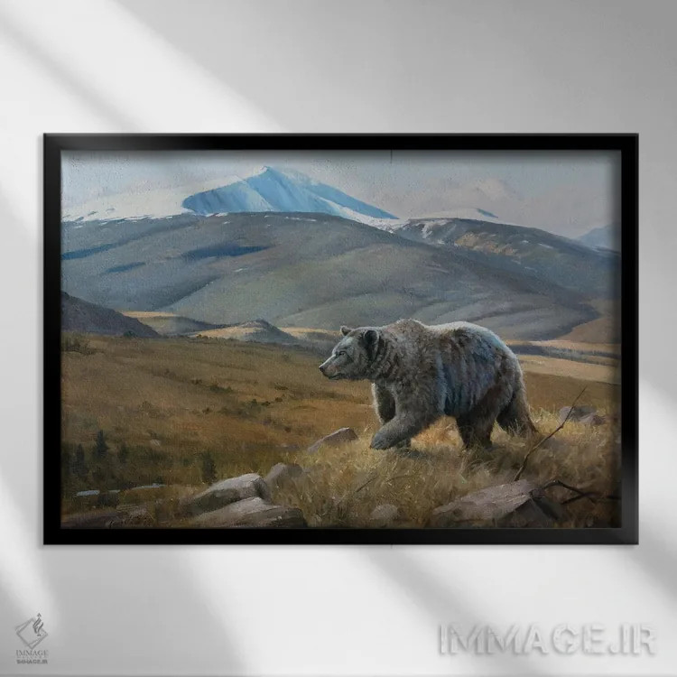 تابلو دکوراتیو خرس گریزلی با تاج برفی اثر گرانت هکینگ - نمای قابدار مشکی