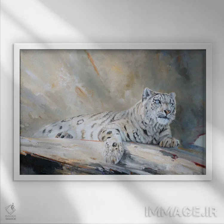 تابلو دکوراتیو پلنگ برفی اثر گرانت هکینگ - نمای قابدار سفید