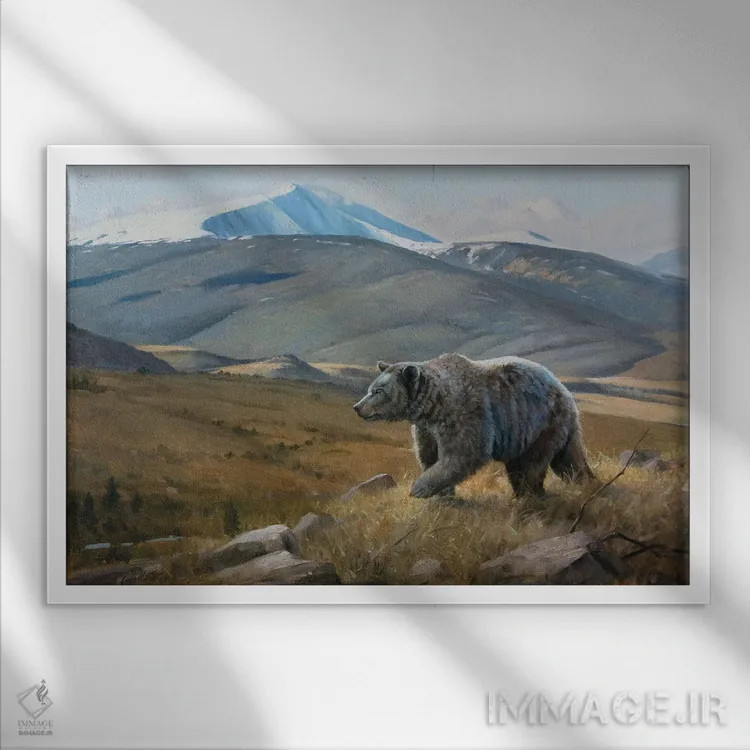 تابلو دکوراتیو خرس گریزلی با تاج برفی اثر گرانت هکینگ - نمای قابدار سفید