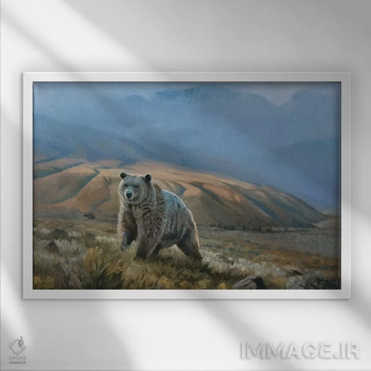 تابلو دکوراتیو خرس گریزلی سیلورتیپ اثر گرانت هکینگ - نمای قابدار سفید