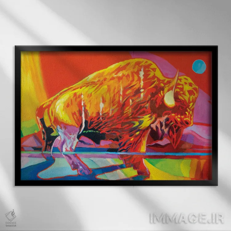 تابلو دکوراتیو بوفالوی الکتریکی اثر گرگ هایل - نمای قابدار مشکی