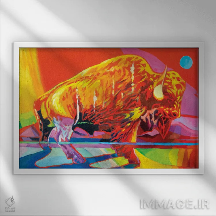 تابلو دکوراتیو بوفالوی الکتریکی اثر گرگ هایل - نمای قابدار سفید