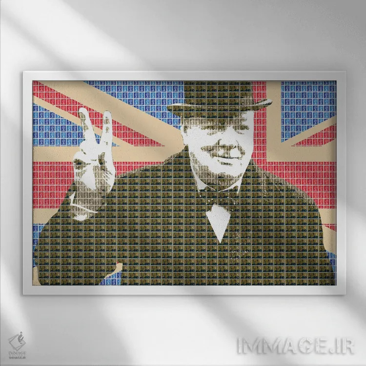 تابلو دکوراتیو پیروزی چرچیل و پرچم اتحاد اثر گری هاگبن - نمای قابدار سفید