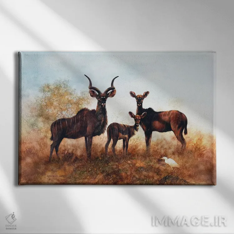 تابلو دکوراتیو کودوها در ساوانا اثر جوردانو استودیو - نمای روبهرو روی دیوار