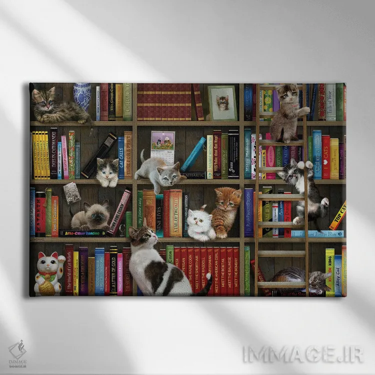تابلو دکوراتیو گربه های کتاب خانه ای اثر جوردانو استودیو - نمای روبهرو روی دیوار