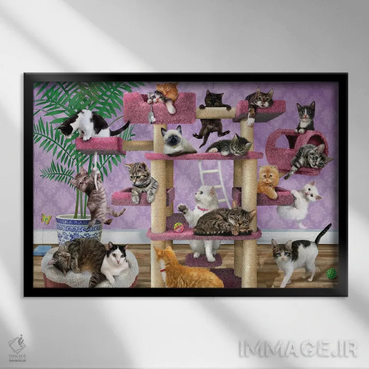 تابلو دکوراتیو گربه ها در خانه بازی اثر جوردانو استودیو - نمای قابدار مشکی