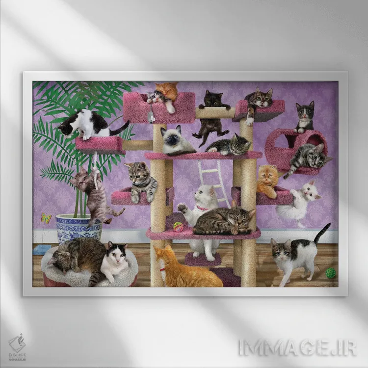 تابلو دکوراتیو گربه ها در خانه بازی اثر جوردانو استودیو - نمای قابدار سفید