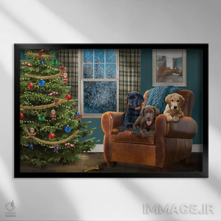 تابلو دکوراتیو کریسمس سه لابرادور اثر جوردانو استودیو - نمای قابدار مشکی