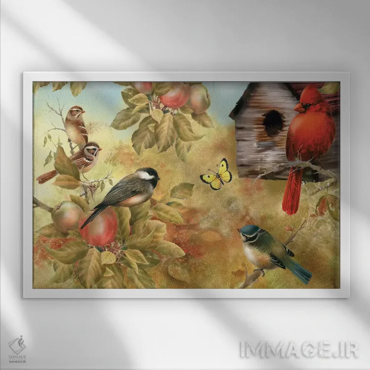 تابلو دکوراتیو سیب و پرندگان آوازخوان اثر جوردانو استودیو - نمای قابدار سفید