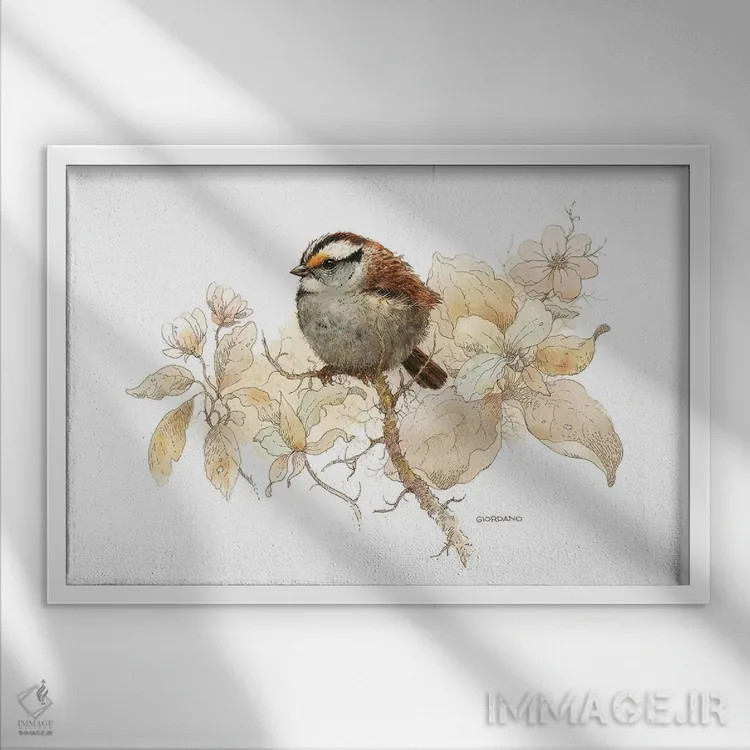 تابلو دکوراتیو طرح گنجشک اثر جوردانو استودیو - نمای قابدار سفید