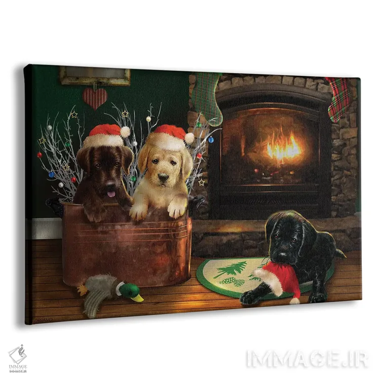 تابلو دکوراتیو سه قلوی لابرادور کنار آتش اثر جوردانو استودیو - نمای پرسپکتیو محصول