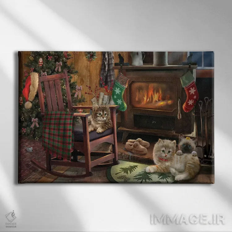 تابلو دکوراتیو گربه های کنار شومینه اثر جوردانو استودیو - نمای روبهرو روی دیوار