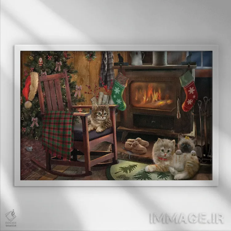تابلو دکوراتیو گربه های کنار شومینه اثر جوردانو استودیو - نمای قابدار سفید