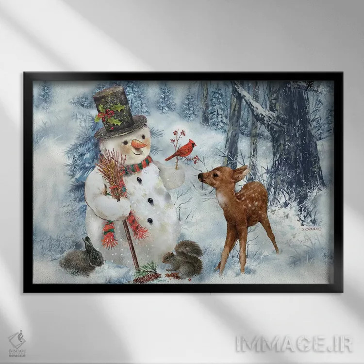 تابلو دکوراتیو آدم برفی جنگلی اثر جوردانو استودیو - نمای قابدار مشکی