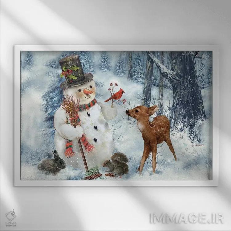 تابلو دکوراتیو آدم برفی جنگلی اثر جوردانو استودیو - نمای قابدار سفید