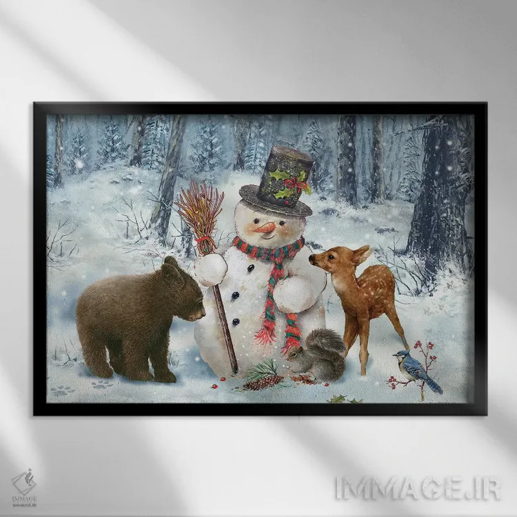 تابلو دکوراتیو آدم برفی جنگلی اثر جوردانو استودیو - نمای قابدار مشکی