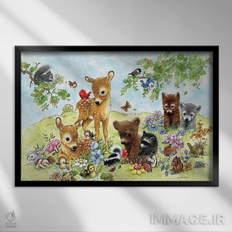 تابلو دکوراتیو مزرعه جانوران کوچک اثر جوردانو استودیو - نمای قابدار مشکی