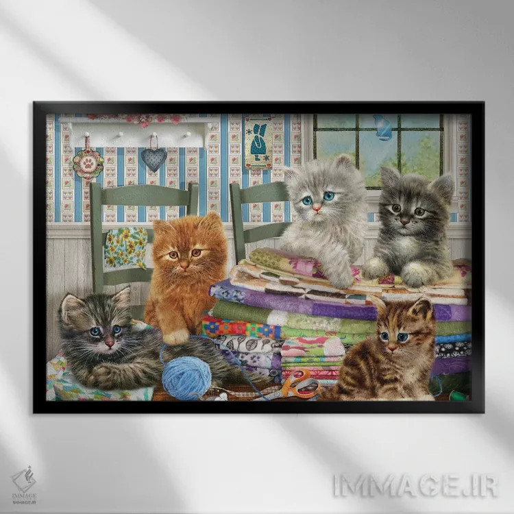 تابلو دکوراتیو گربه های لحاف دوز اثر جوردانو استودیو - نمای قابدار مشکی