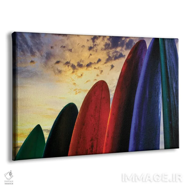 تابلو دکوراتیو تخته های موج سواری چیده شده پس از غروب، بعد از یک روز کلاس… اثر گرگ جانستون - نمای پرسپکتیو محصول