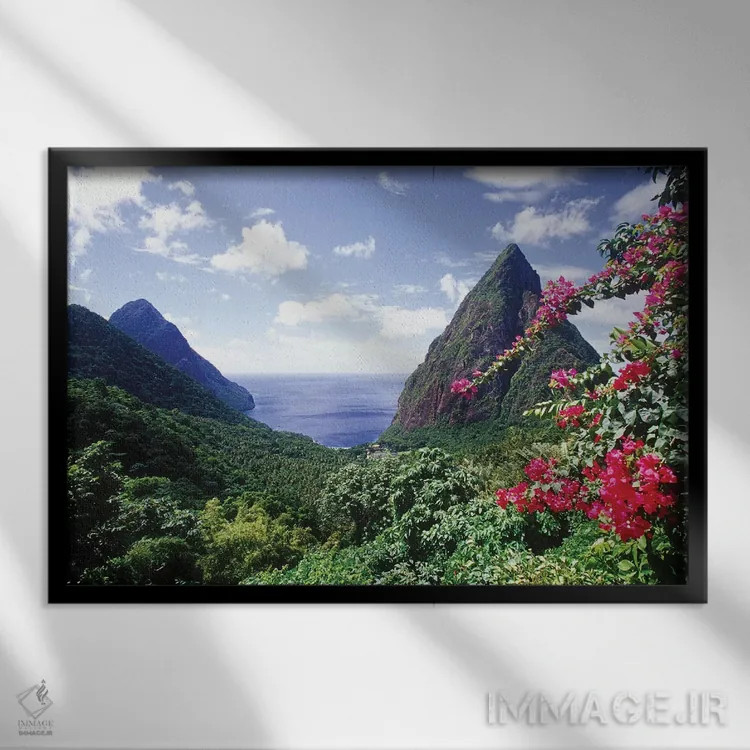 تابلو دکوراتیو منظره ساحلی، خلیج پیتونز، سنت لوسیا اثر گرگ جانستون - نمای قابدار مشکی