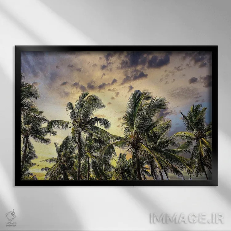 تابلو دکوراتیو نخل ها در امتداد جاده ساحلی رو به کوهستان، بالی، اندونزی اثر گرگ جانستون - نمای قابدار مشکی