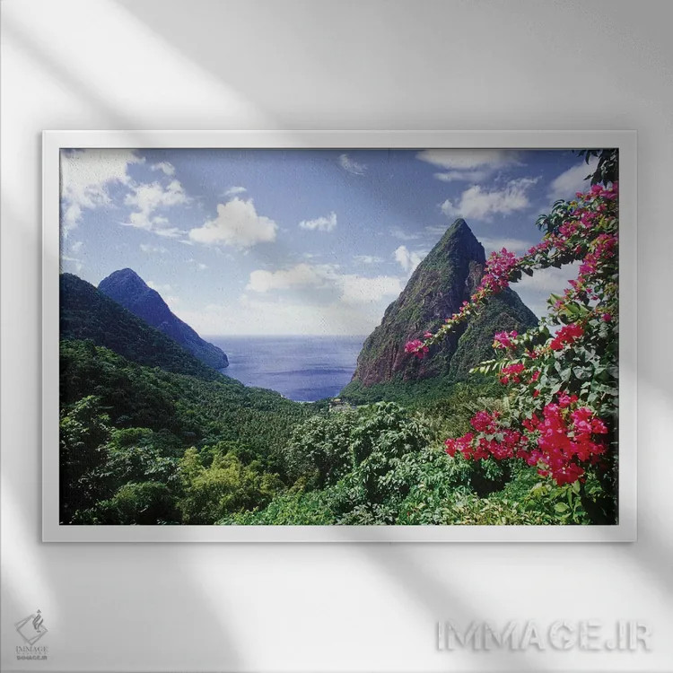 تابلو دکوراتیو منظره ساحلی، خلیج پیتونز، سنت لوسیا اثر گرگ جانستون - نمای قابدار سفید