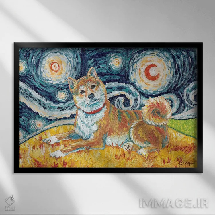 تابلو دکوراتیو شیبا اینو در شب پرستاره قرمز اثر گرچن کیش سرانو - نمای قابدار مشکی