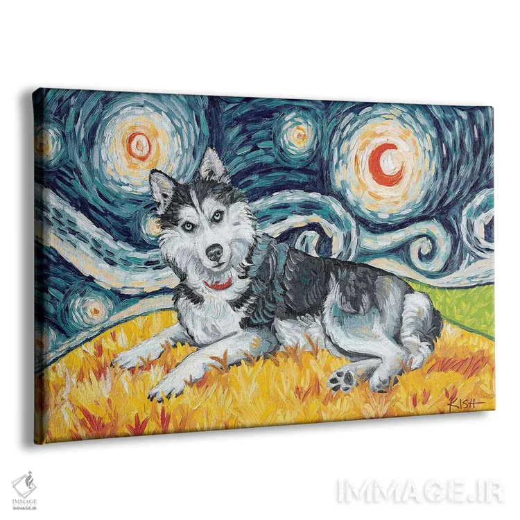 تابلو دکوراتیو هاسکی سیبری در شب پرستاره اثر گرچن کیش سرانو - نمای پرسپکتیو محصول