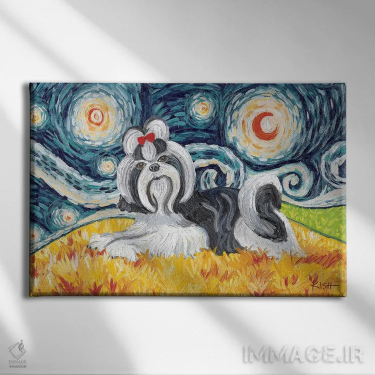 تابلو دکوراتیو شیه تسو در شب پرستاره سیاه و سفید اثر گرچن کیش سرانو - نمای روبهرو روی دیوار