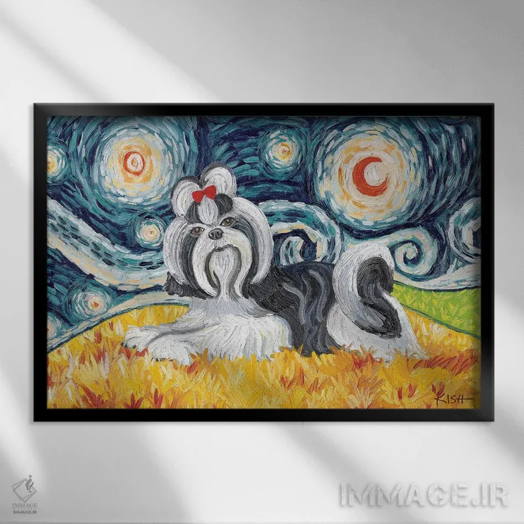 تابلو دکوراتیو شیه تسو در شب پرستاره سیاه و سفید اثر گرچن کیش سرانو - نمای قابدار مشکی