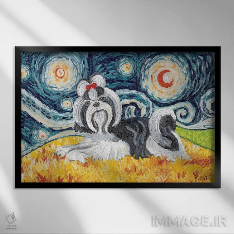 تابلو دکوراتیو شیه تسو در شب پرستاره سیاه و سفید اثر گرچن کیش سرانو - نمای قابدار مشکی