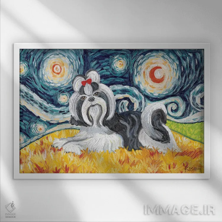 تابلو دکوراتیو شیه تسو در شب پرستاره سیاه و سفید اثر گرچن کیش سرانو - نمای قابدار سفید