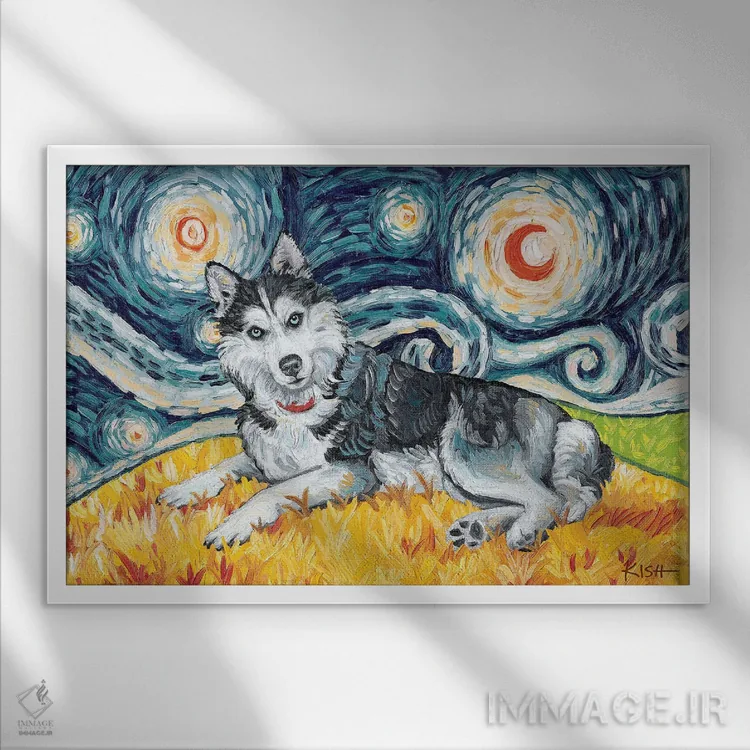 تابلو دکوراتیو هاسکی سیبری در شب پرستاره اثر گرچن کیش سرانو - نمای قابدار سفید