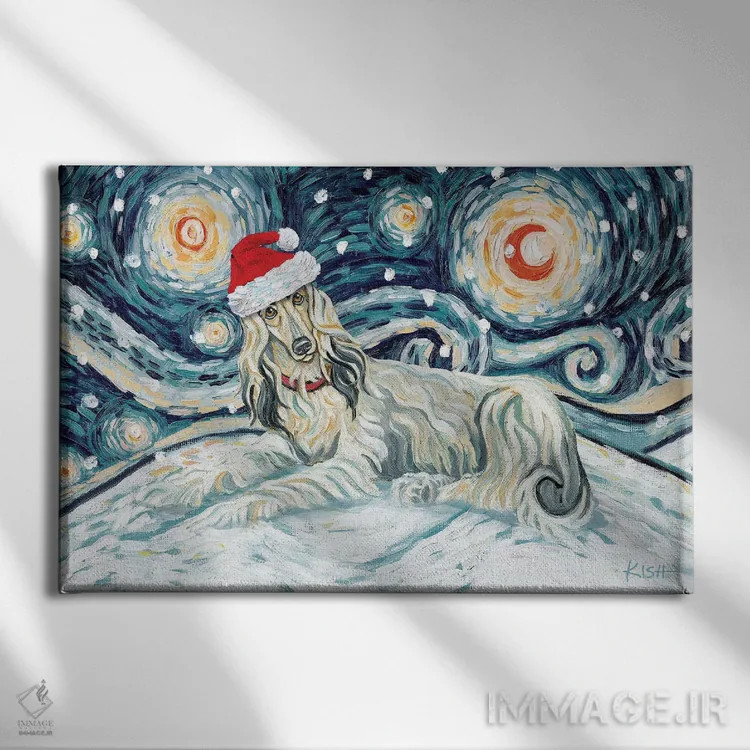 تابلو دکوراتیو سگ افغان در یک شب برفی روشن اثر گرچن کیش سرانو - نمای روبهرو روی دیوار