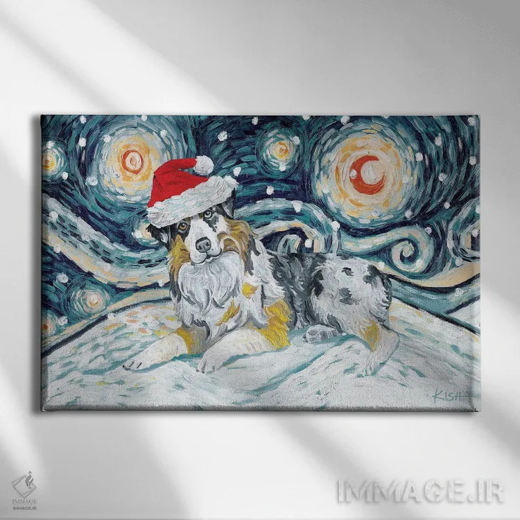تابلو دکوراتیو سگ شپرد استرالیایی در یک شب برفی اثر گرچن کیش سرانو - نمای روبهرو روی دیوار